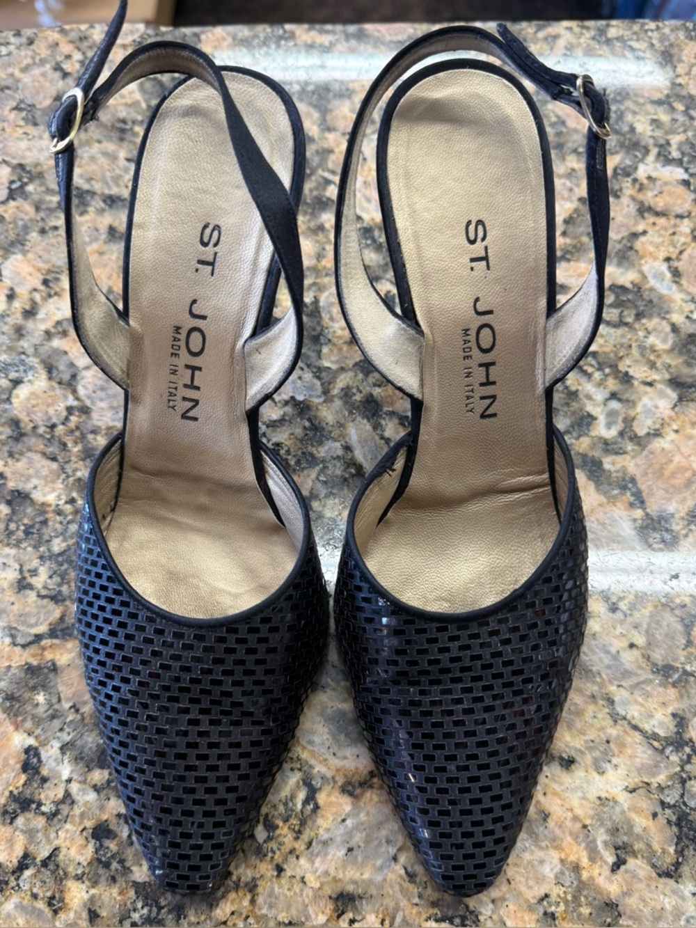 St. John Black Woven Leather Slingback Heels Made in Italy Size 7.5 - Picture 1 of 9
